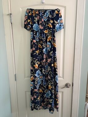 Vanilla Bay Navy Floral Off-Shoulder Maxi Dress - Blue & Yellow
